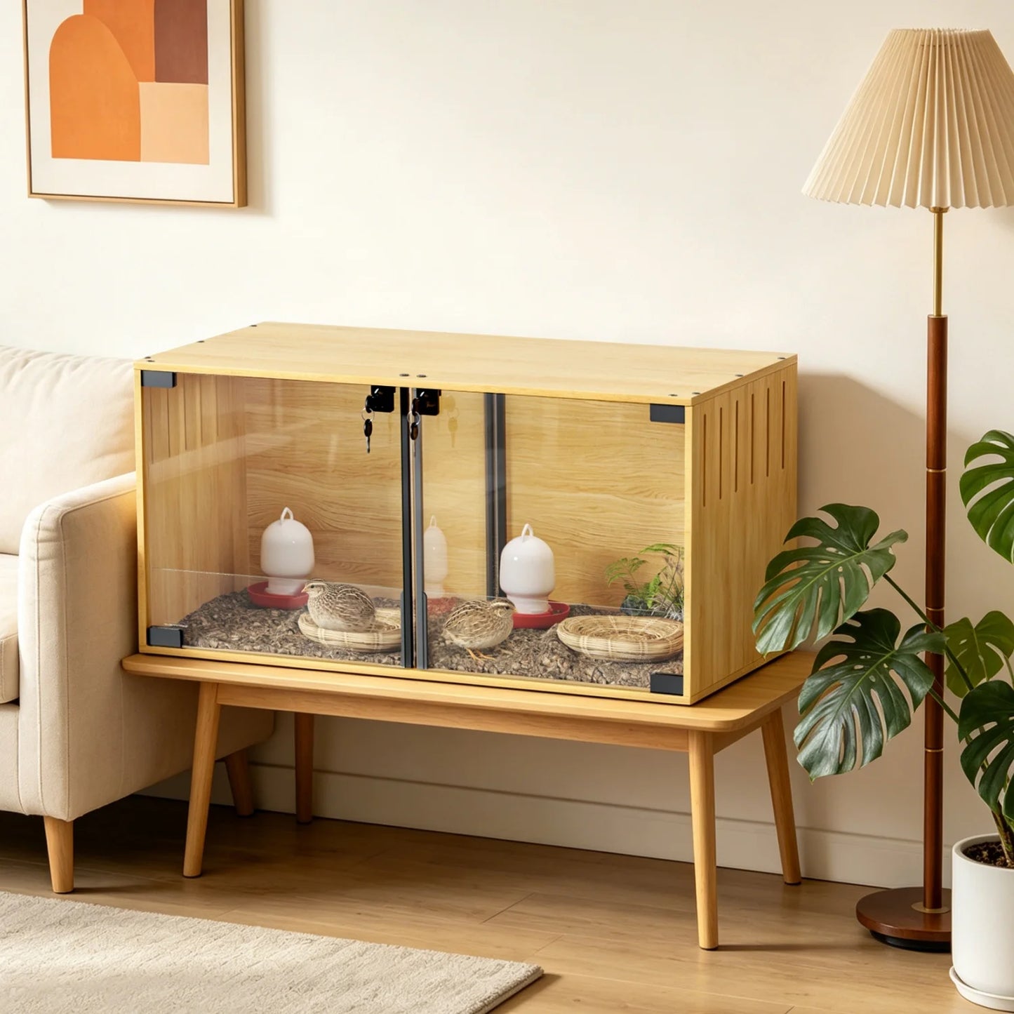 Wooden Small Animal Cage With Removable Divider And Tempered Glass Panels