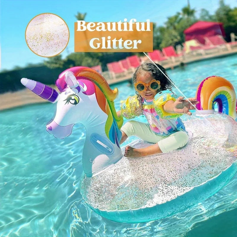 Joyfy Rainbow Unicorn Pool Float With Glitter Large Inflatable Raft