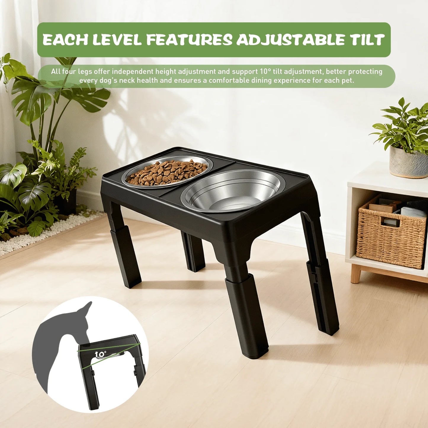 Raised Dog Bowls With Adjustable Heights And Stainless Steel Bowls