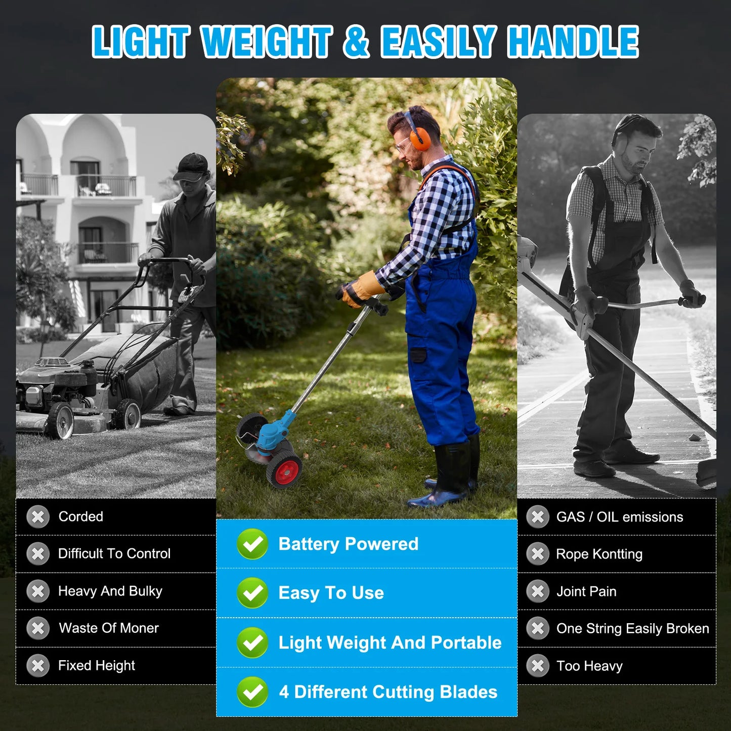 21V Cordless Lawn Mower 3-In-1 Edger Brush Cutter With 2x2.0Ah Batteries