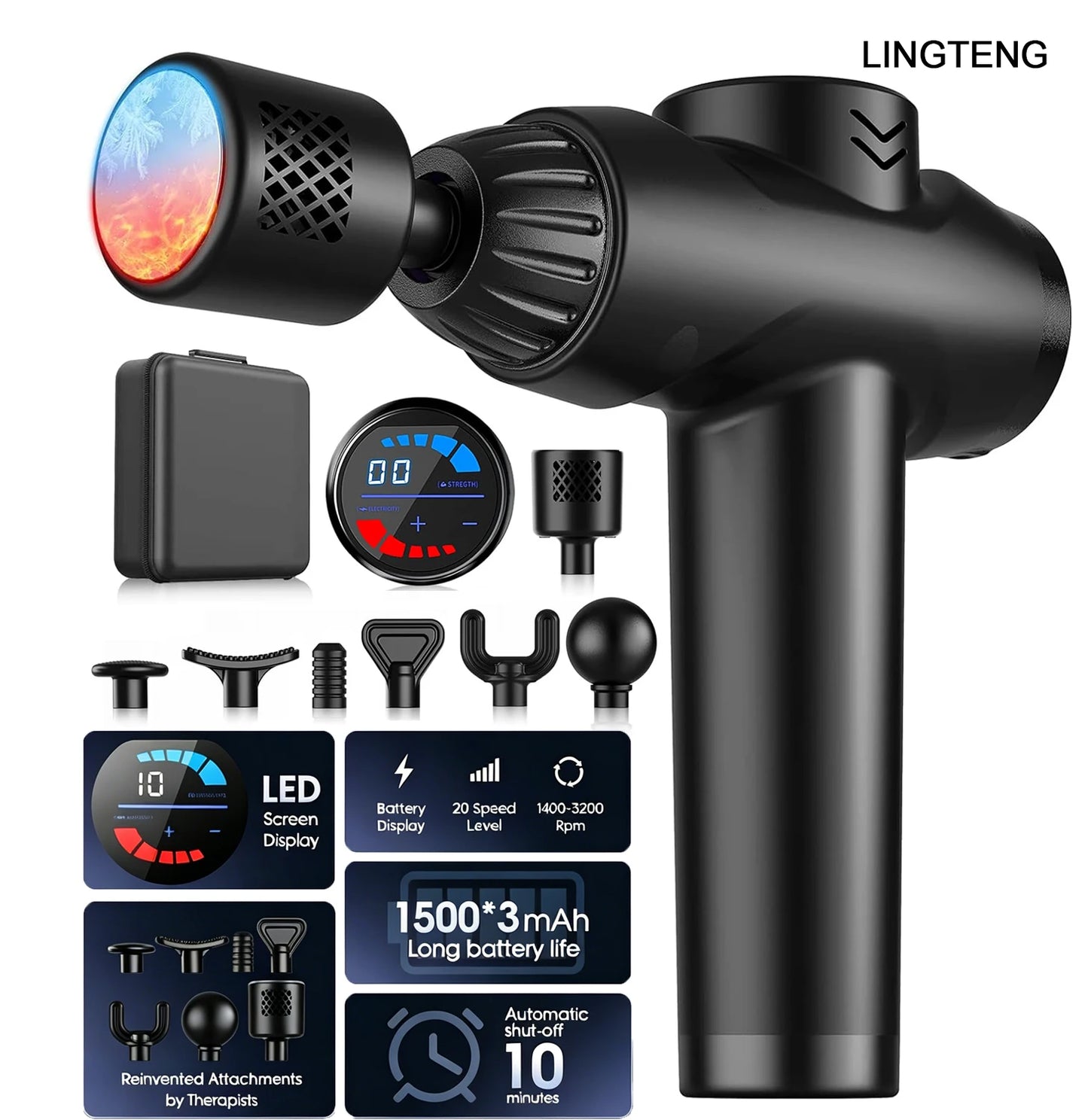 LINGTENG Massage Gun With Hot And Cold Therapy 7 Heads