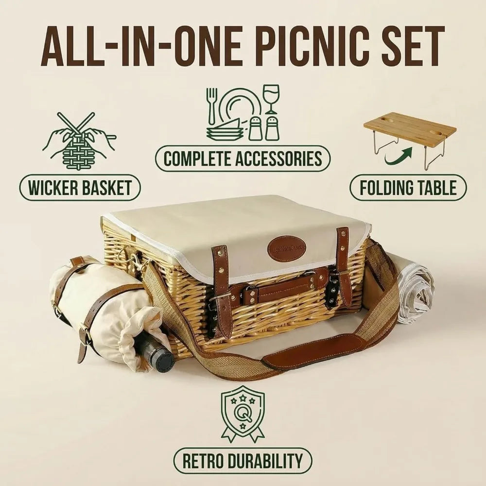 NBVCX Wicker Picnic Basket Set For Two With Tableware Blanket
