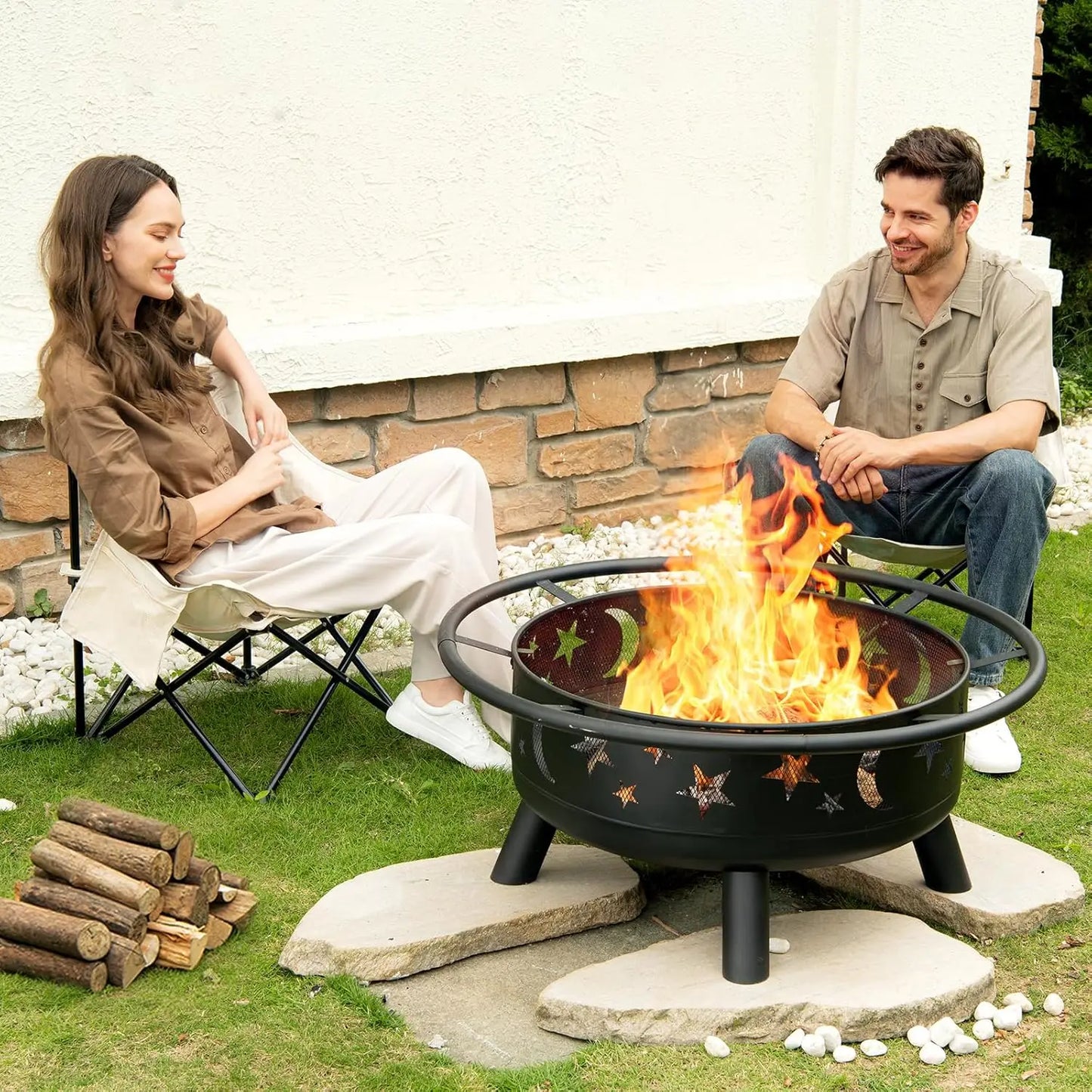 Star Moon Round Fire Pit With Mesh Cover Wood Burning