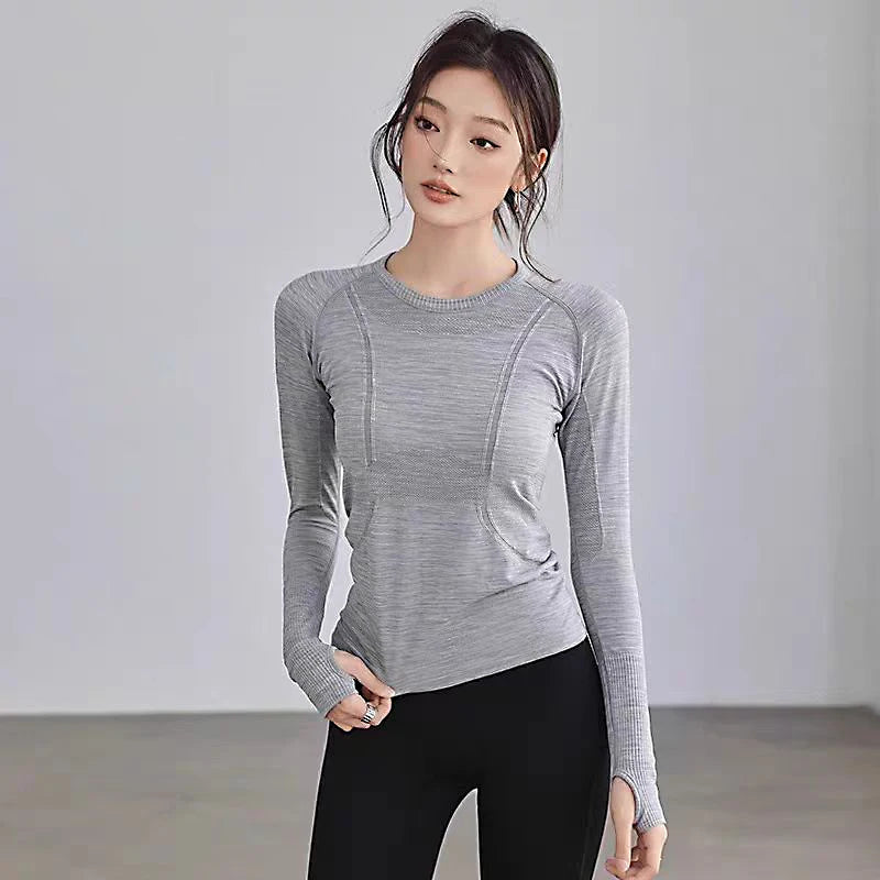 Women's Seamless Round Neck Yoga Top Long Sleeve Nylon Elastane