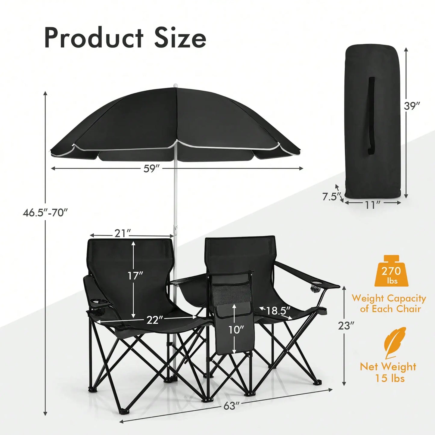 Folding Double Picnic Chair With Umbrella Table Cooler