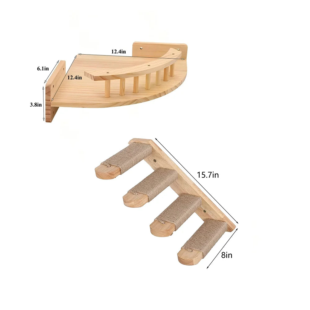 CWV Corner Cat Hammock With Steps Wall Mounted Cat Tree Indoor Pine Wood