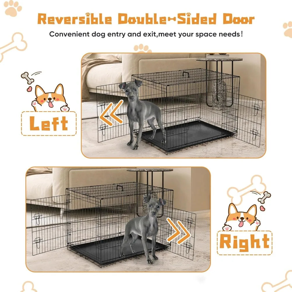 Dog Crate Double Door Metal Wire Foldable Cage With Leak-Proof Pan Tray