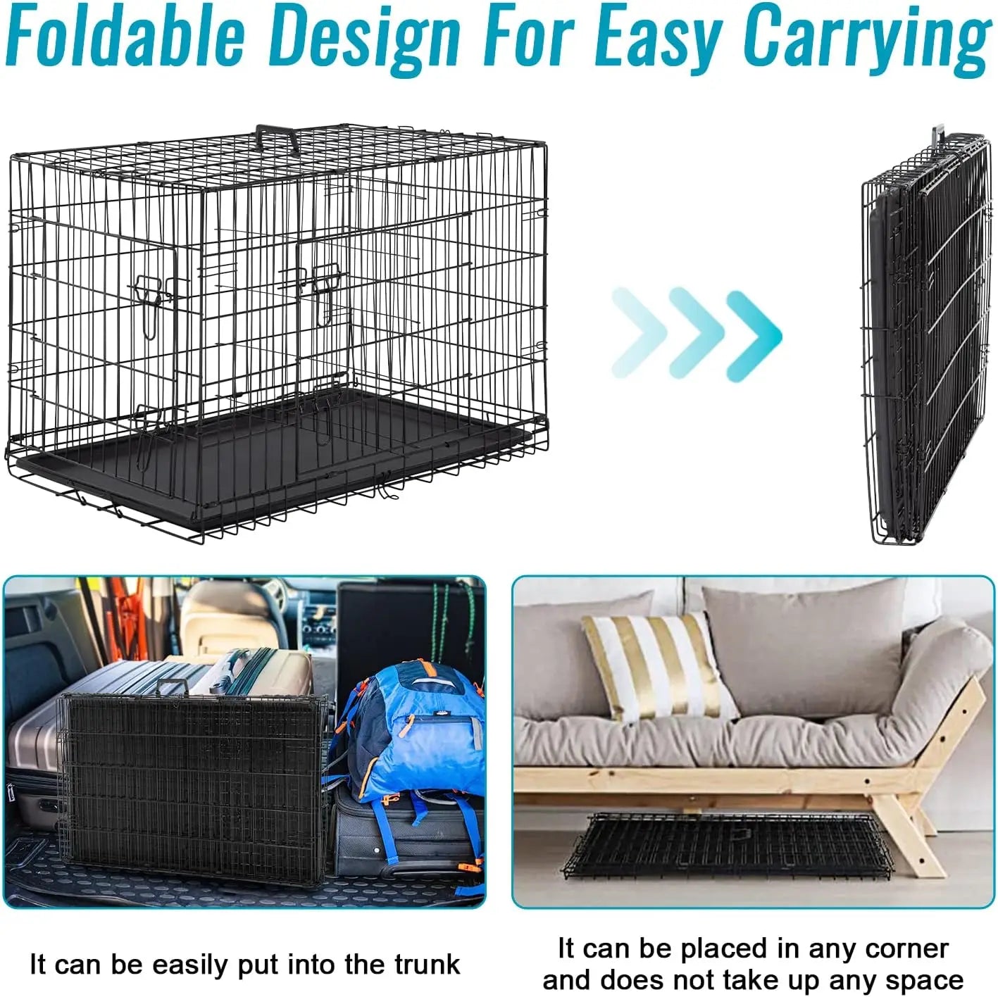 Folding Metal Dog Crate With Double Doors And Tray