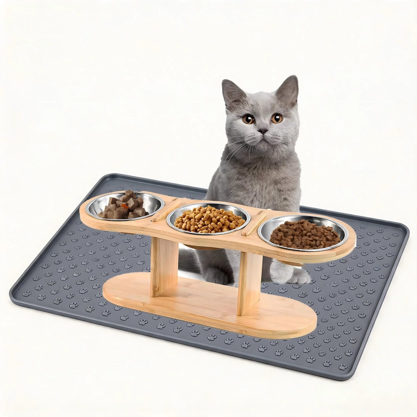Cat 3-Bowl Raised Feeder With Tilted 15-Degree Stainless Steel Bowls