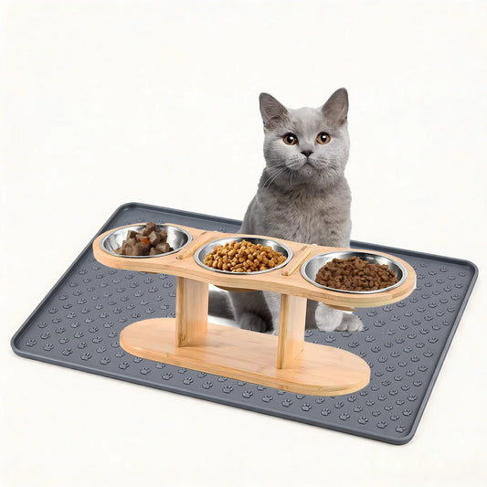Cat 3-Bowl Raised Feeder With Tilted 15-Degree Stainless Steel Bowls