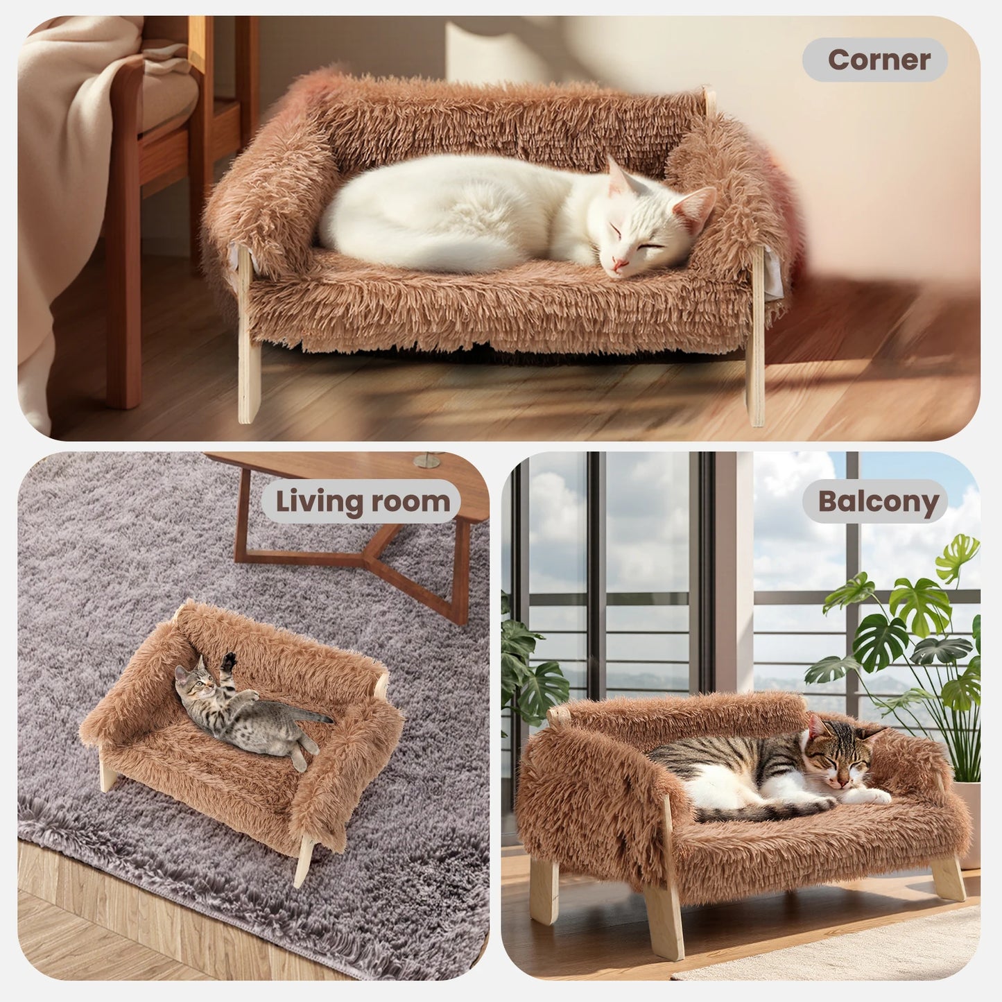 Raised Plush Cat Bed With Sturdy Wooden Legs For Cats