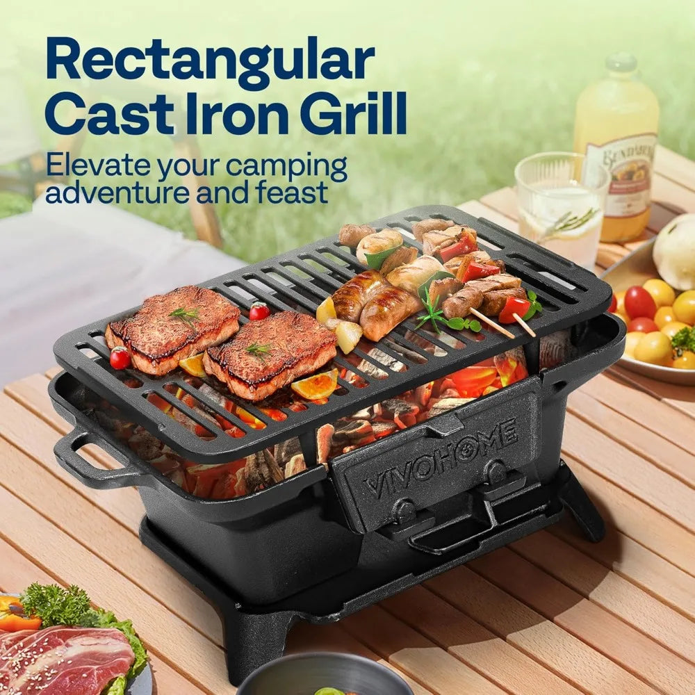 NBVCX Portable Rectangle Charcoal Grill With Double Sided Grate