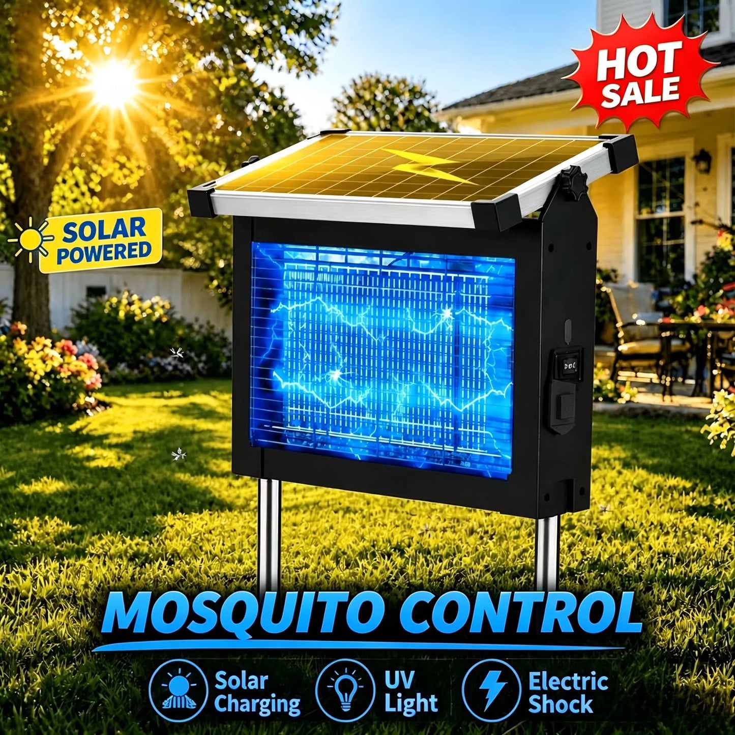 Solar Bug Zapper Outdoor 4500V Mosquito Killer With Panel Sensor