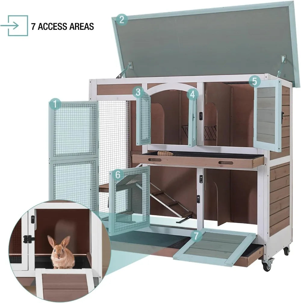 Wooden Rabbit Hutch Indoor Cage With Trays Wheels Ramp