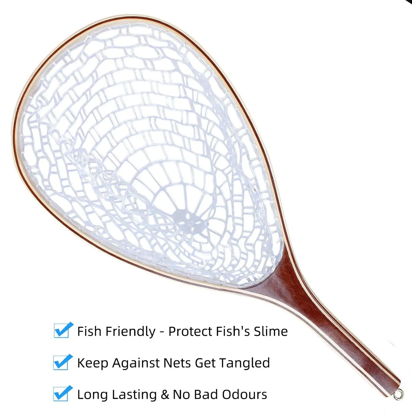 Wooden Frame Fly Fishing Landing Net With Knotless Rubber Mesh