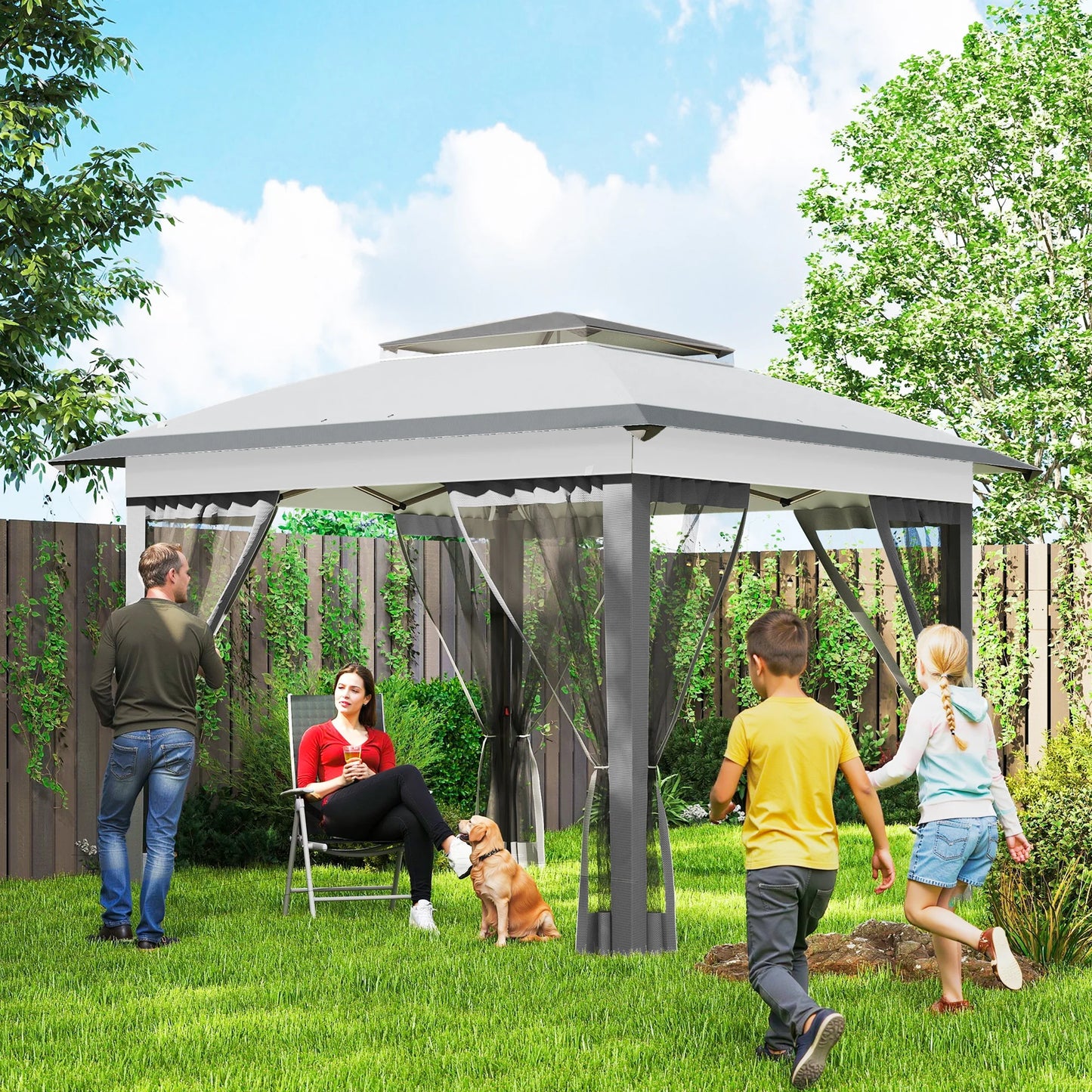 Backyard Party Cabana Gazebo With Three Level Height Adjustment And Mesh Walls