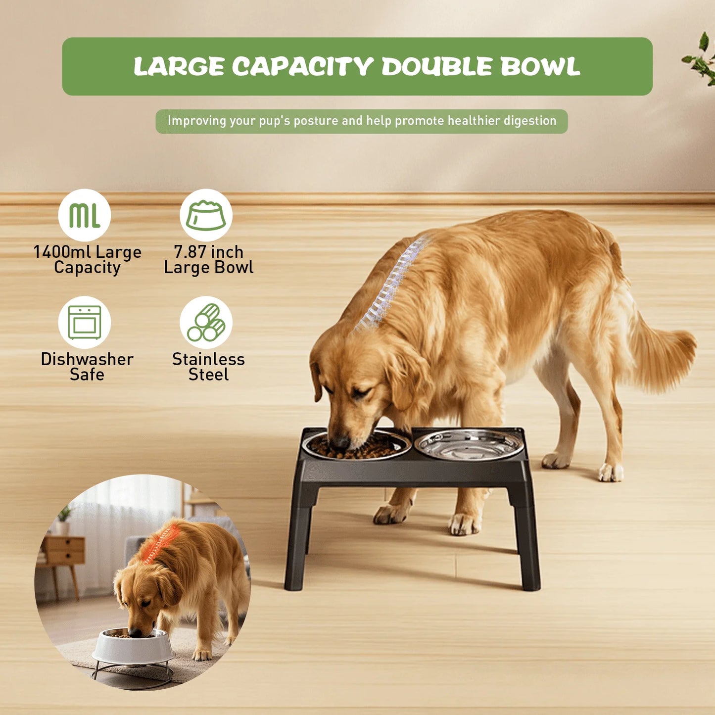 Raised Dog Bowls With Adjustable Heights And Stainless Steel Bowls