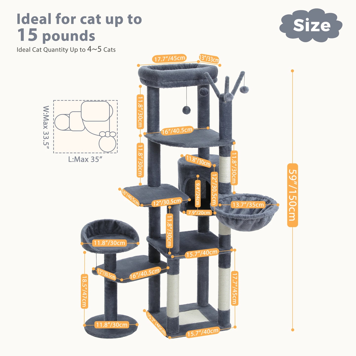 PEQULTI Multi Level Cat Tree With Scratching Posts And Hammock