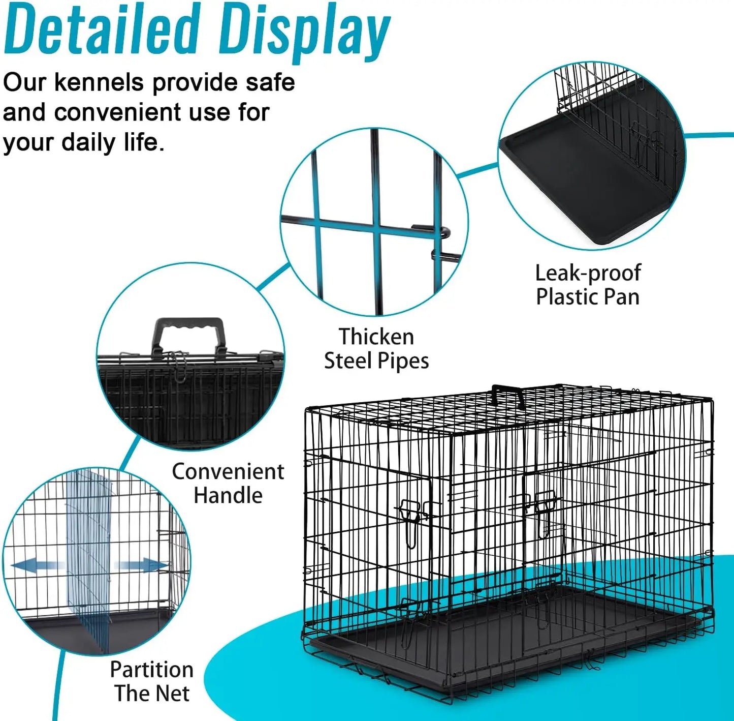 Folding Metal Dog Crate With Double Doors And Tray