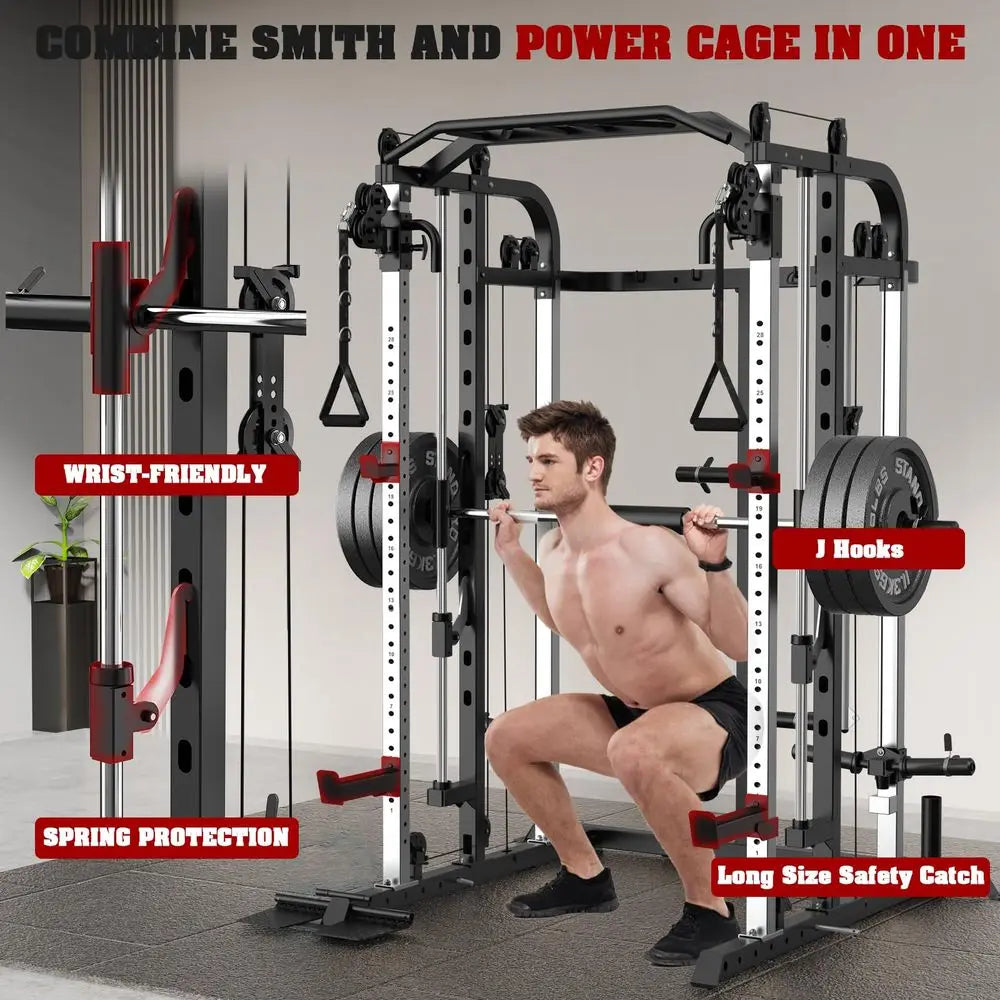 YTYIN Multifunctional Power Cage Rack With Smith Bar Cable Pulley