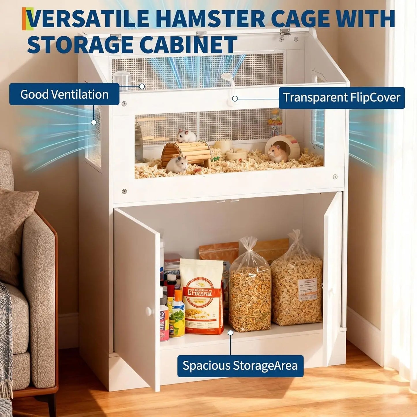 HiMISS Hamster Cage With Storage Cabinet For Small Animals Panels