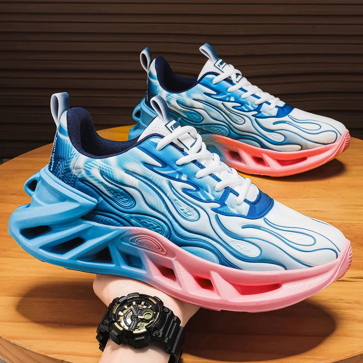 Unisex Flame Print Gradient Sneakers With Breathable Mesh Running Shoes