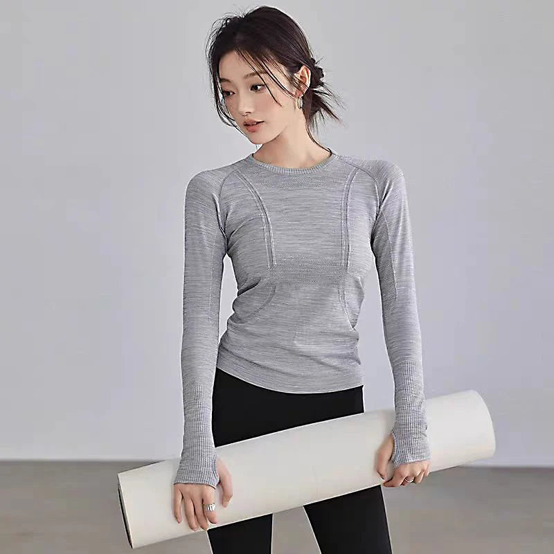 Women's Seamless Round Neck Yoga Top Long Sleeve Nylon Elastane