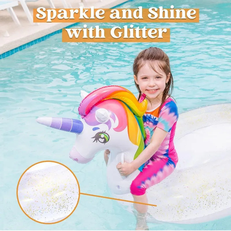 Joyfy Rainbow Unicorn Pool Float With Glitter Large Inflatable Raft