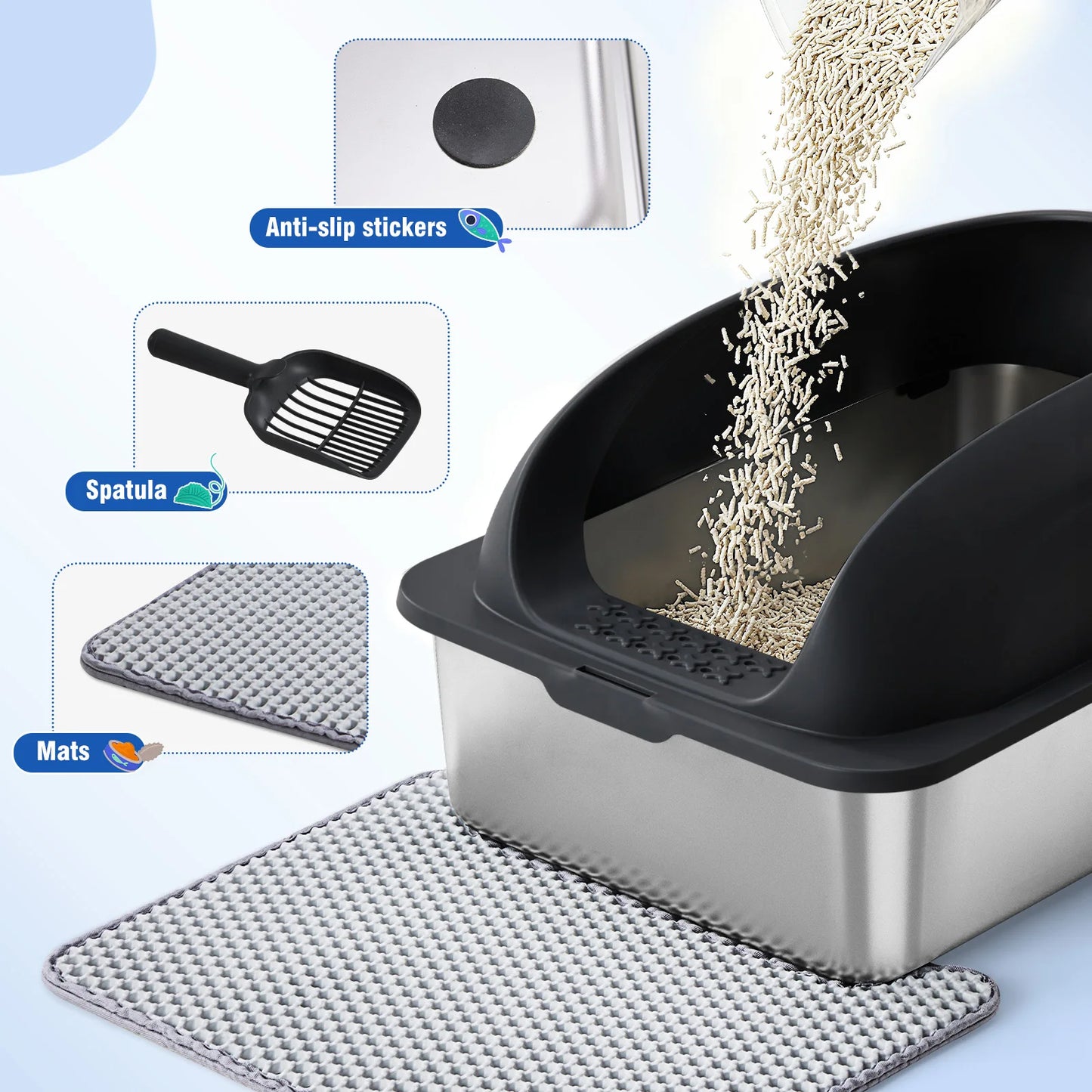 Stainless Steel Cat Litter Box With Lid Scoop Mat Included