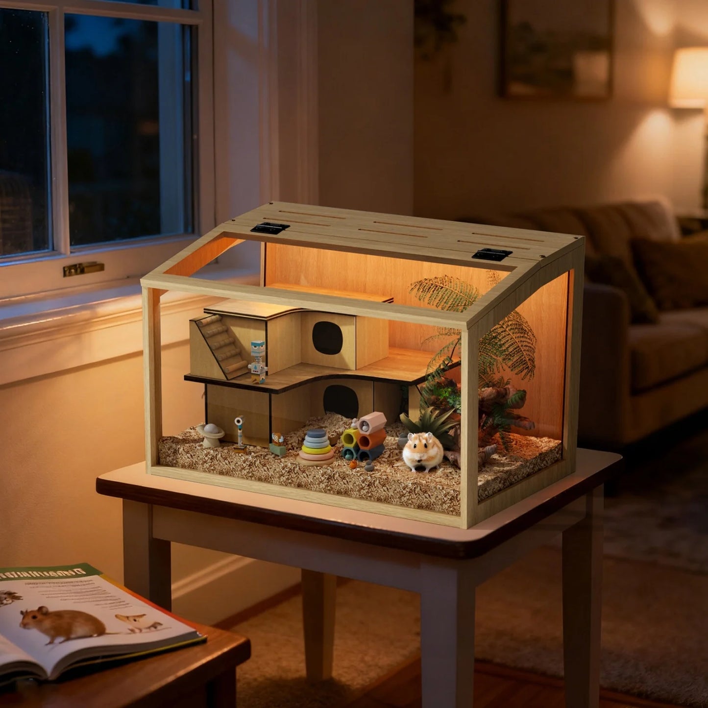 Wooden Hamster And Guinea Pig Cage With Chewproof Panels LED Light