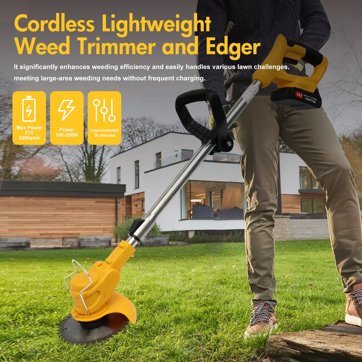 21V Cordless 3-In-1 Grass Trimmer Edger and Mower with Battery
