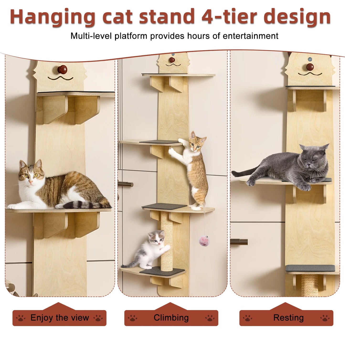 Door Hanging Cat Tree 4-Tier Over-Door Shelf With Scratching Post