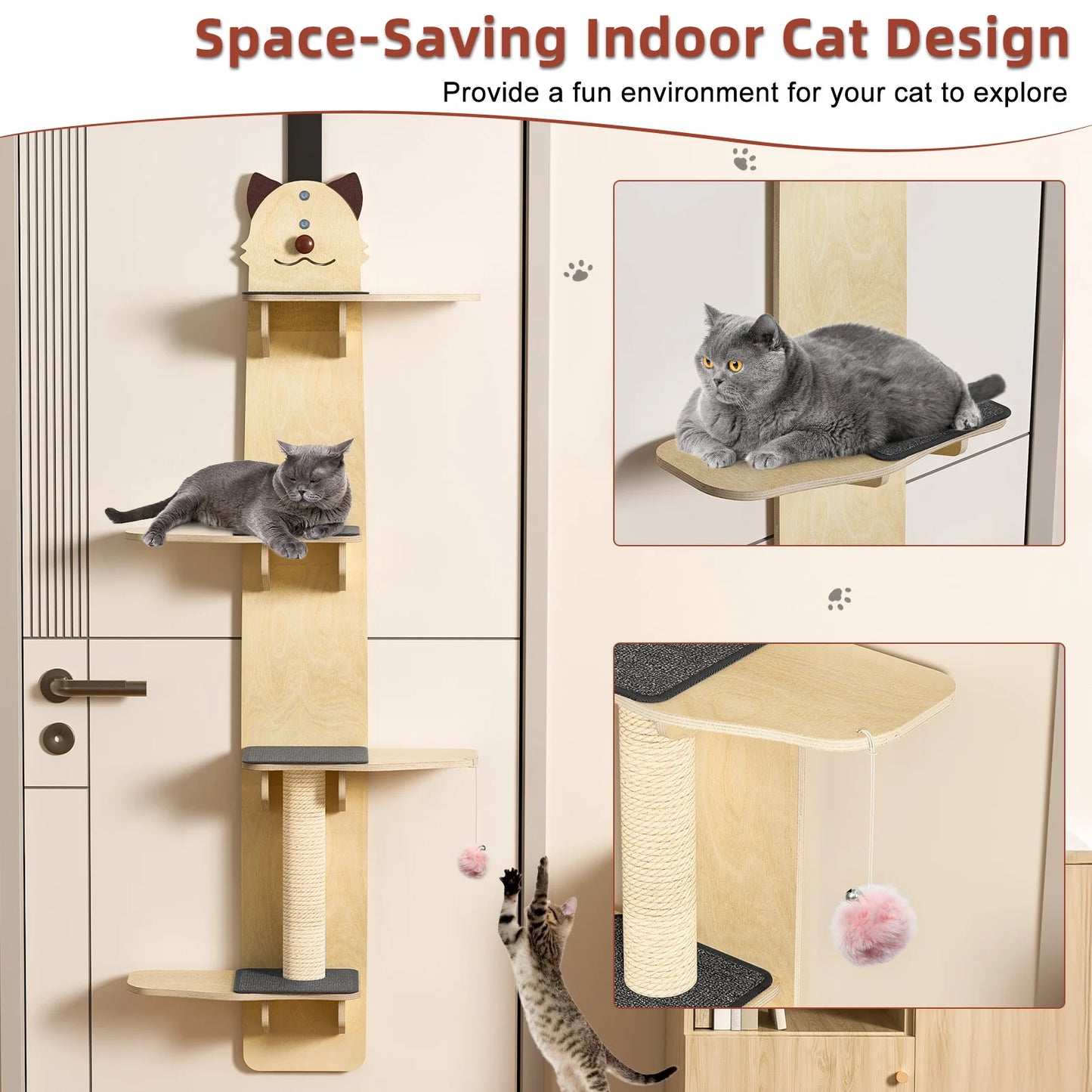 Door Hanging Cat Tree 4-Tier Over-Door Shelf With Scratching Post