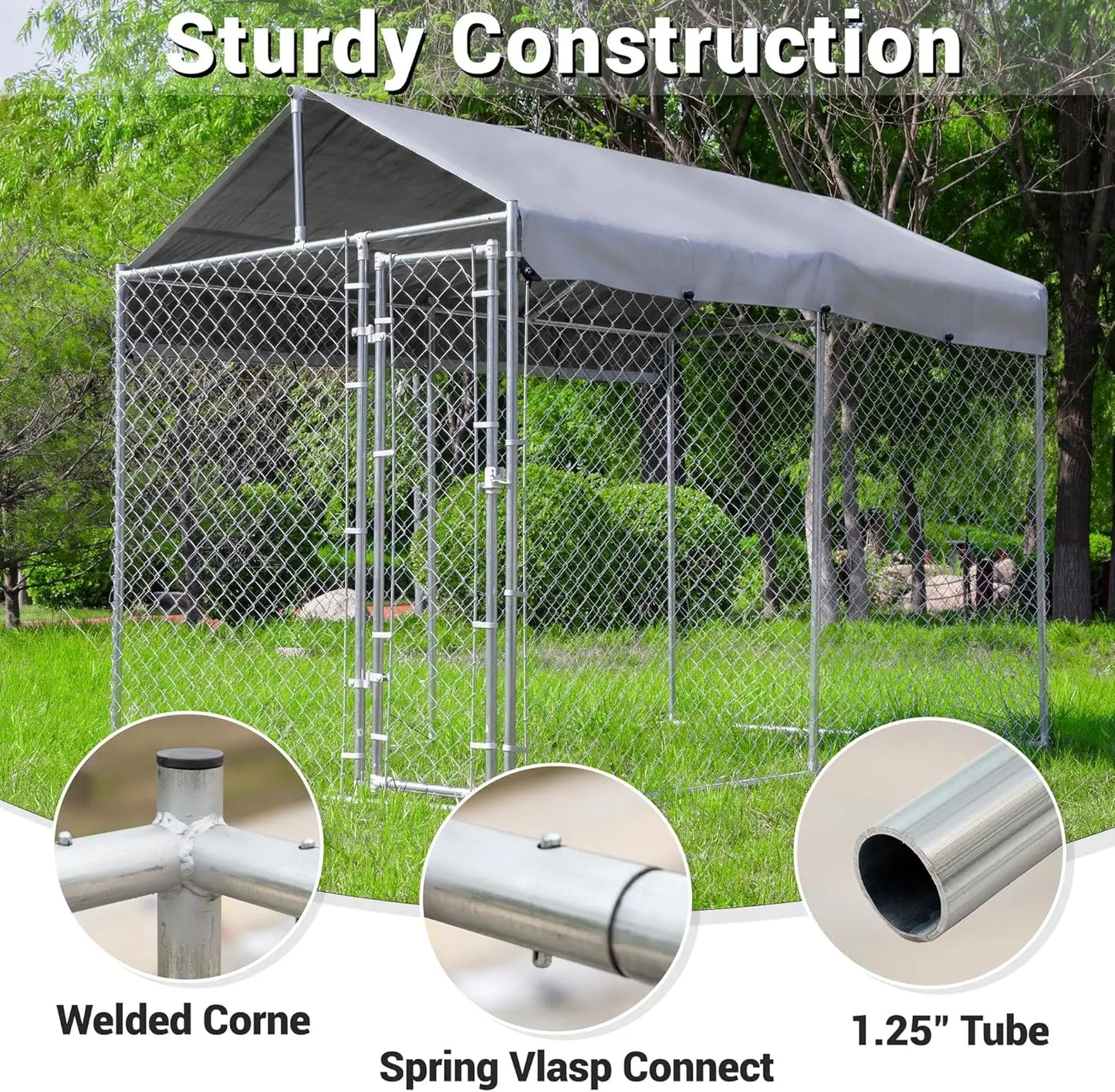 Outdoor Galvanized Dog Kennel With Roof, Lock And Waterproof Cover