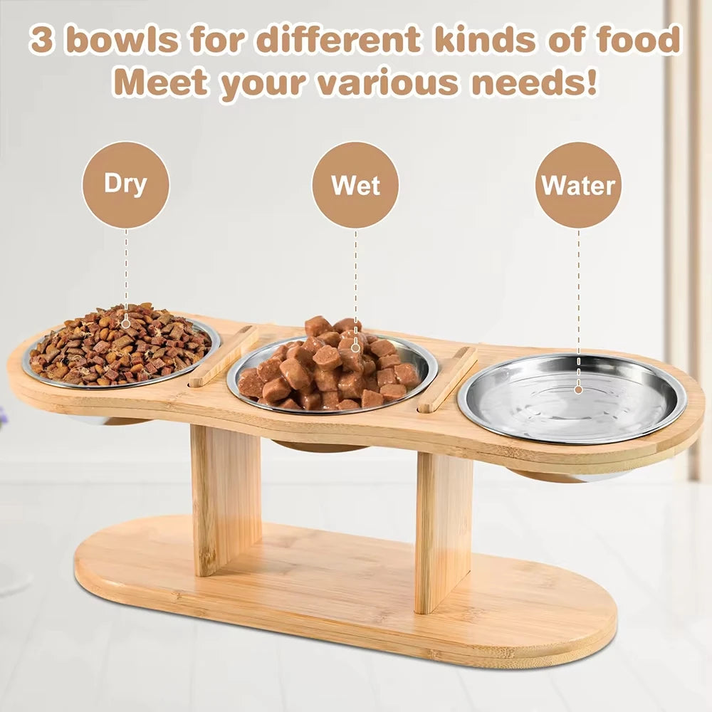 Cat 3-Bowl Raised Feeder With Tilted 15-Degree Stainless Steel Bowls
