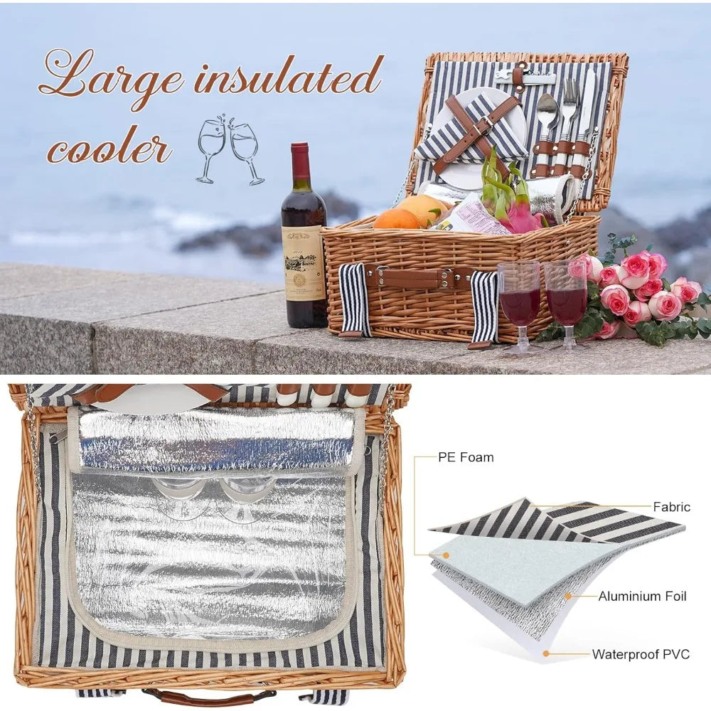 NBVCX Handmade Wicker Picnic Set For Two With Insulated Cooler