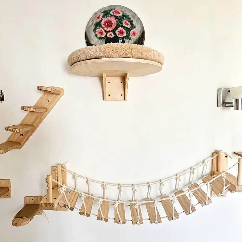 Wall Mounted Cat Bridge With Sisal Rope For Indoor Cats Pine Wood