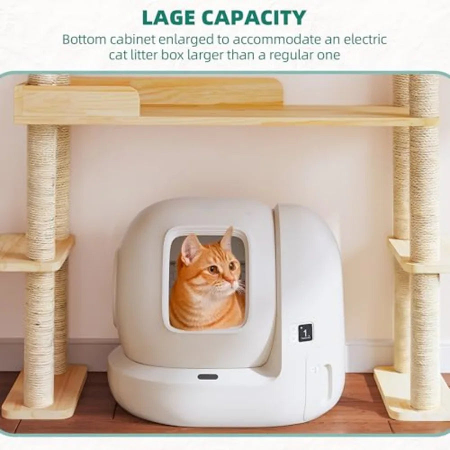 Wood Cat Tower For Automatic Litter Box Self Cleaning Solid Wood