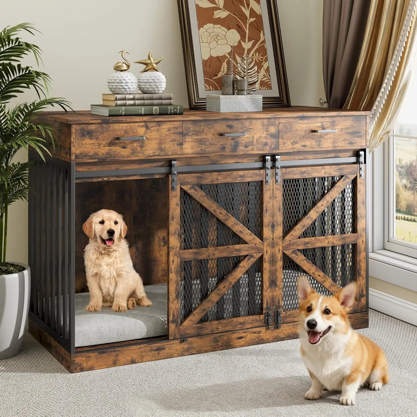 Wooden Dog Crate Furniture With Storage Drawers