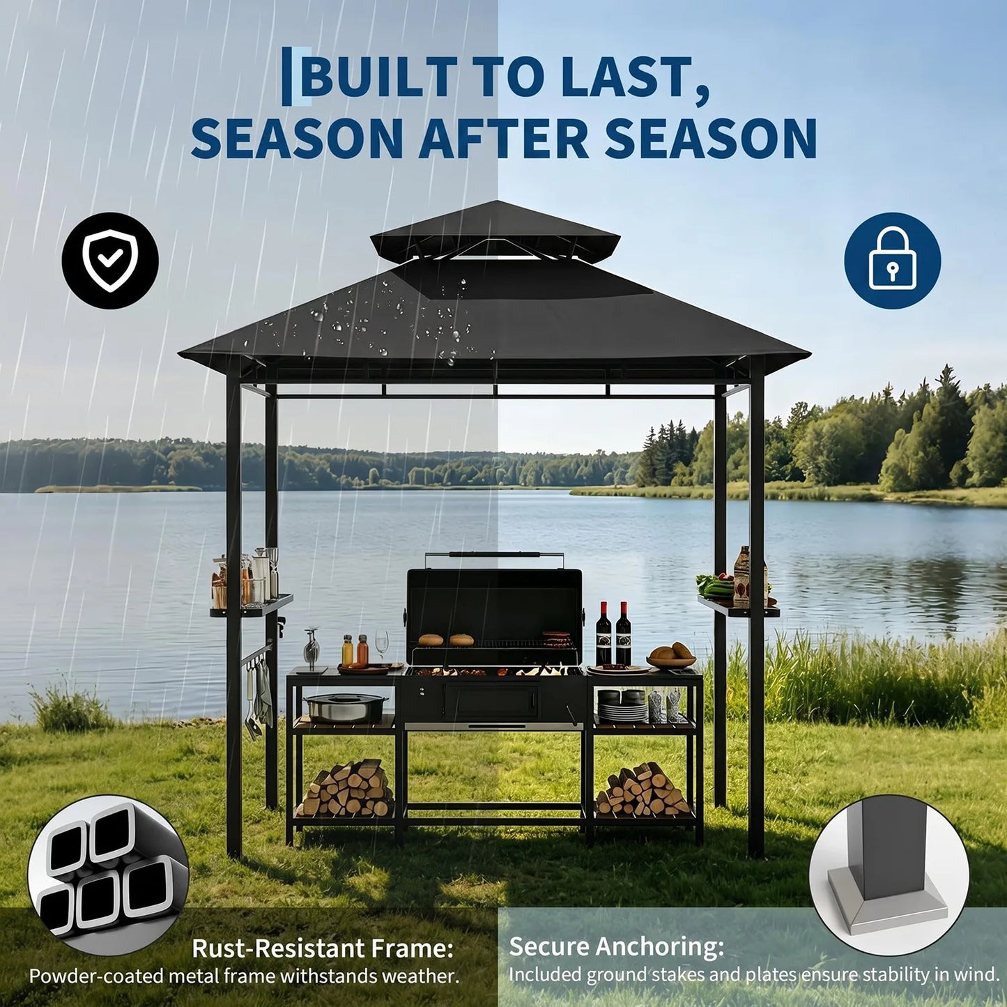 HiMISS Outdoor BBQ Grill Gazebo With Double Roof Vented Canopy