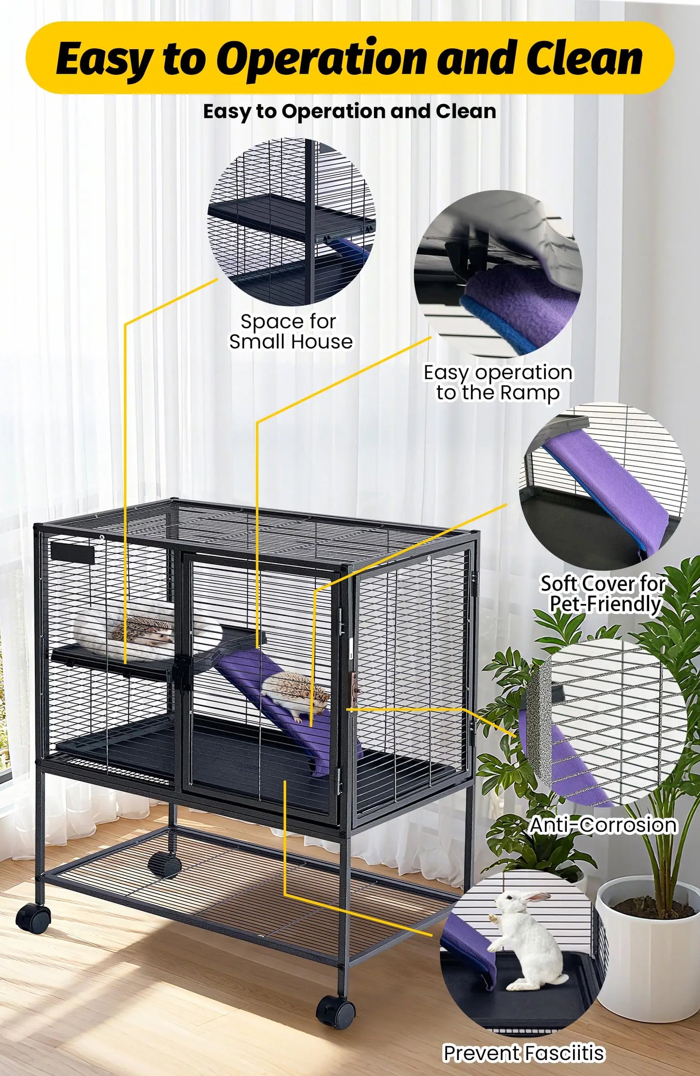 HiMISS Heavy-Duty Small Animal Cage With Lockable Wheels Hammock