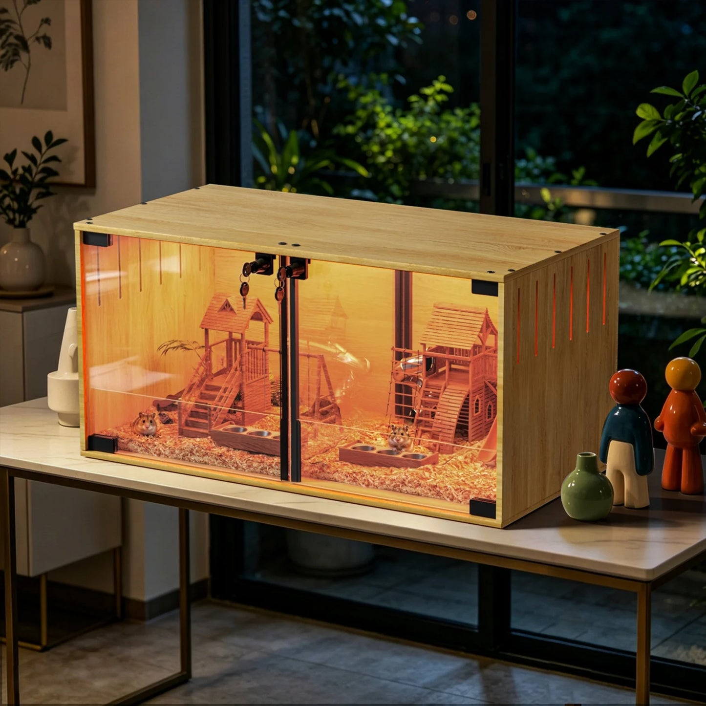 Wooden Small Animal Cage With Removable Divider And Tempered Glass Panels