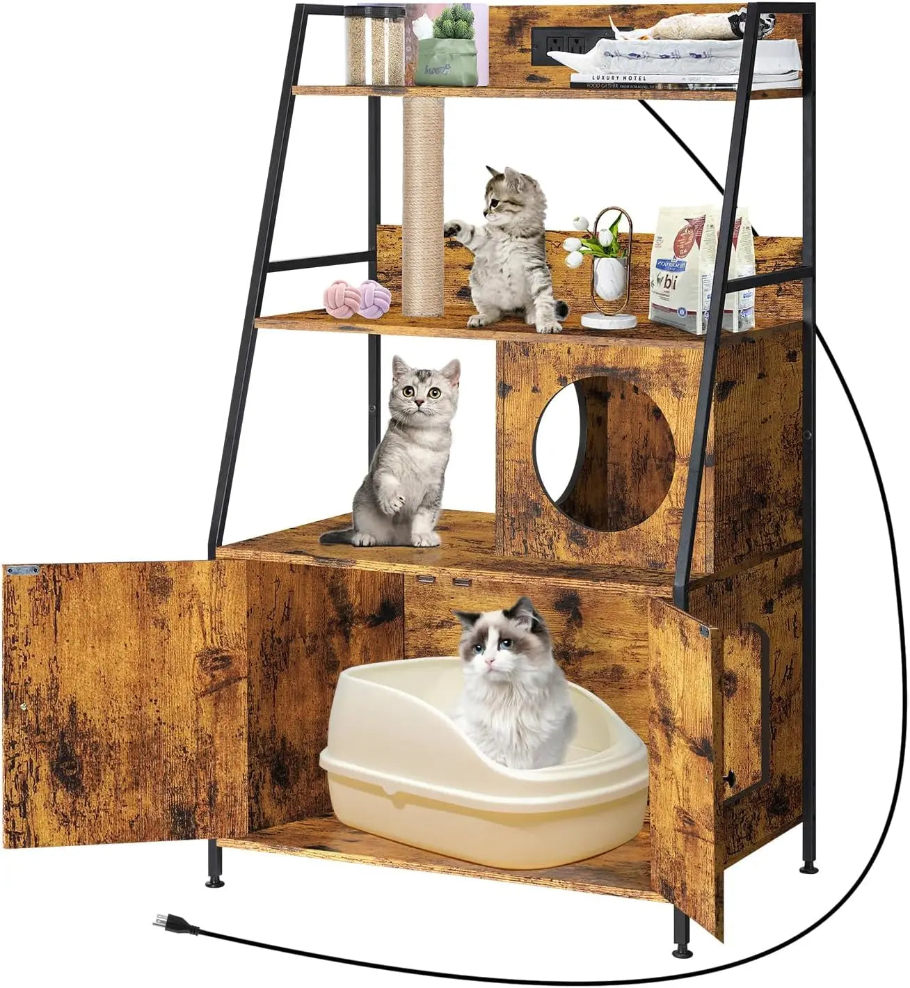 Cat Litter Box Enclosure With Shelves Charging Station Cat Tree