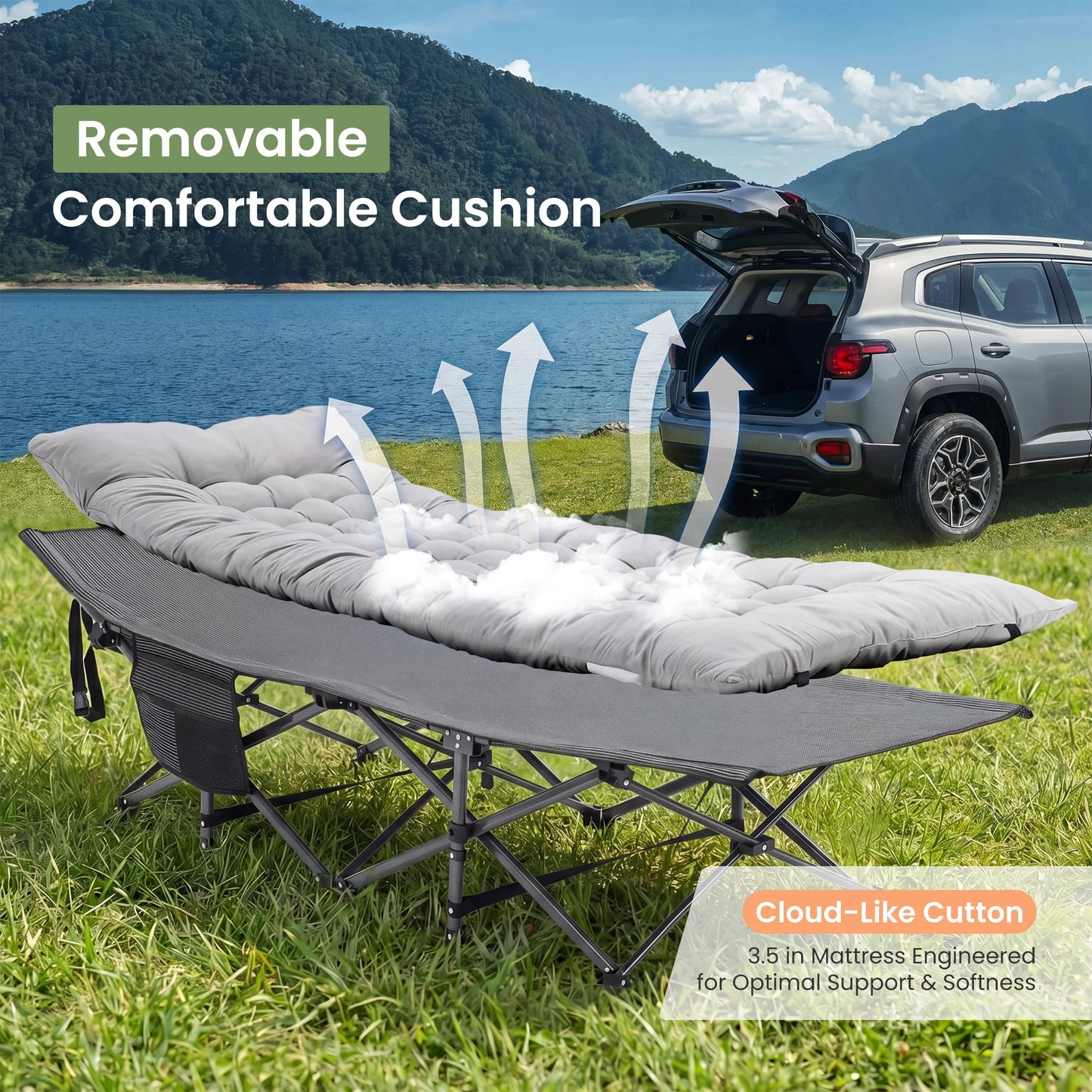 JHK Folding Camping Bed Lounge Chair With Storage Cushion