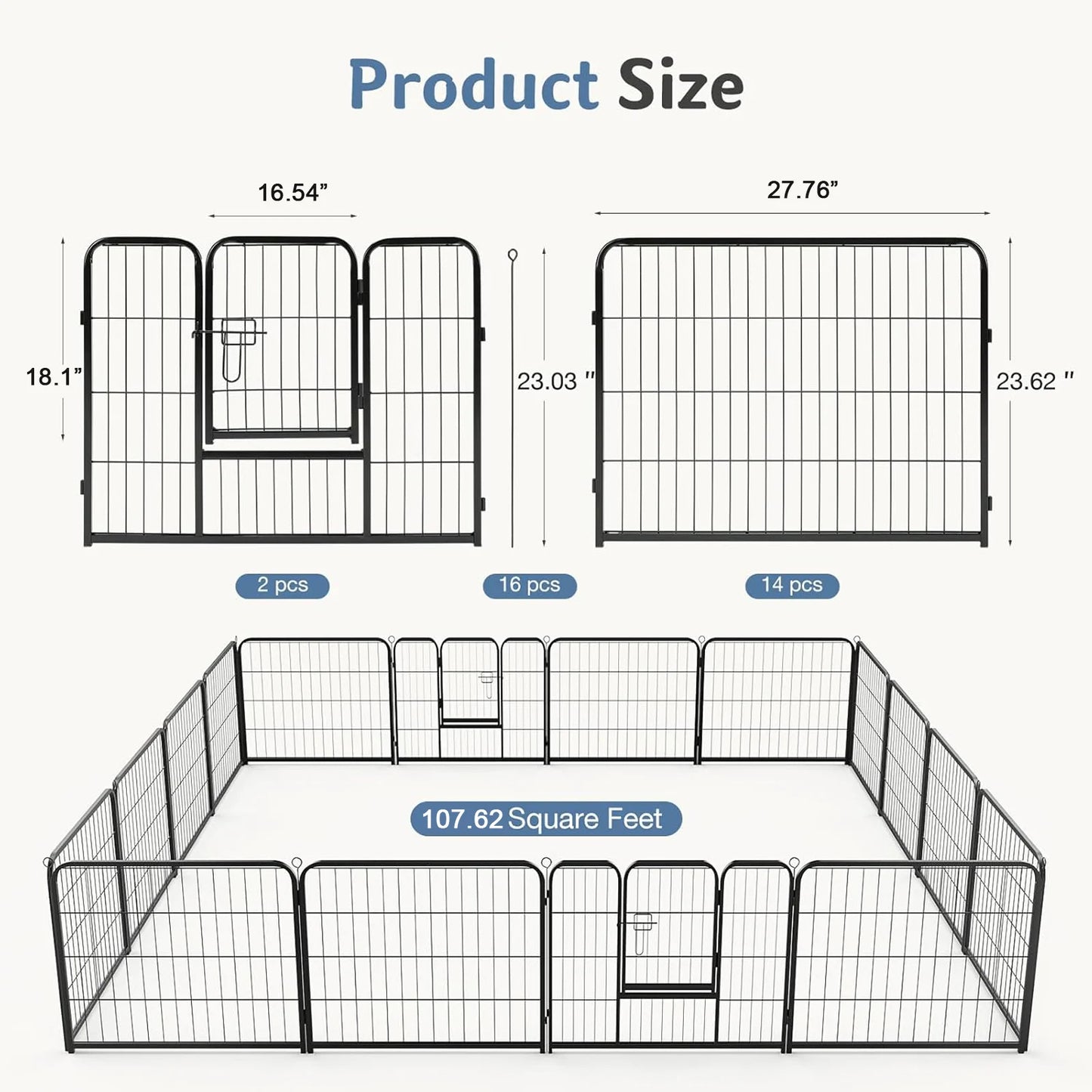 JHK 16-Panel Folding Dog Playpen Metal Pet Fence For Indoor Outdoor