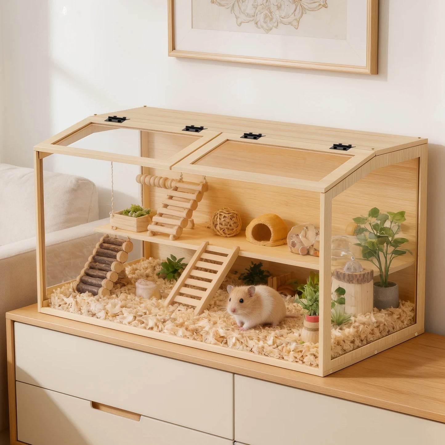 Wooden Hamster And Guinea Pig Cage With Chewproof Panels LED Light