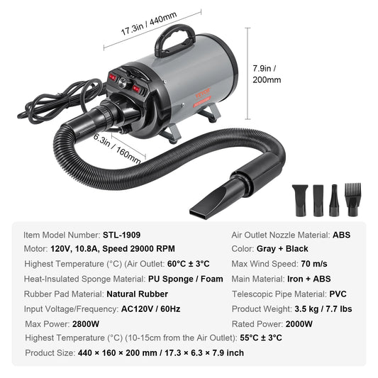 SucceBuy Dog Blow Dryer With Adjustable Speed Temperature Nozzles