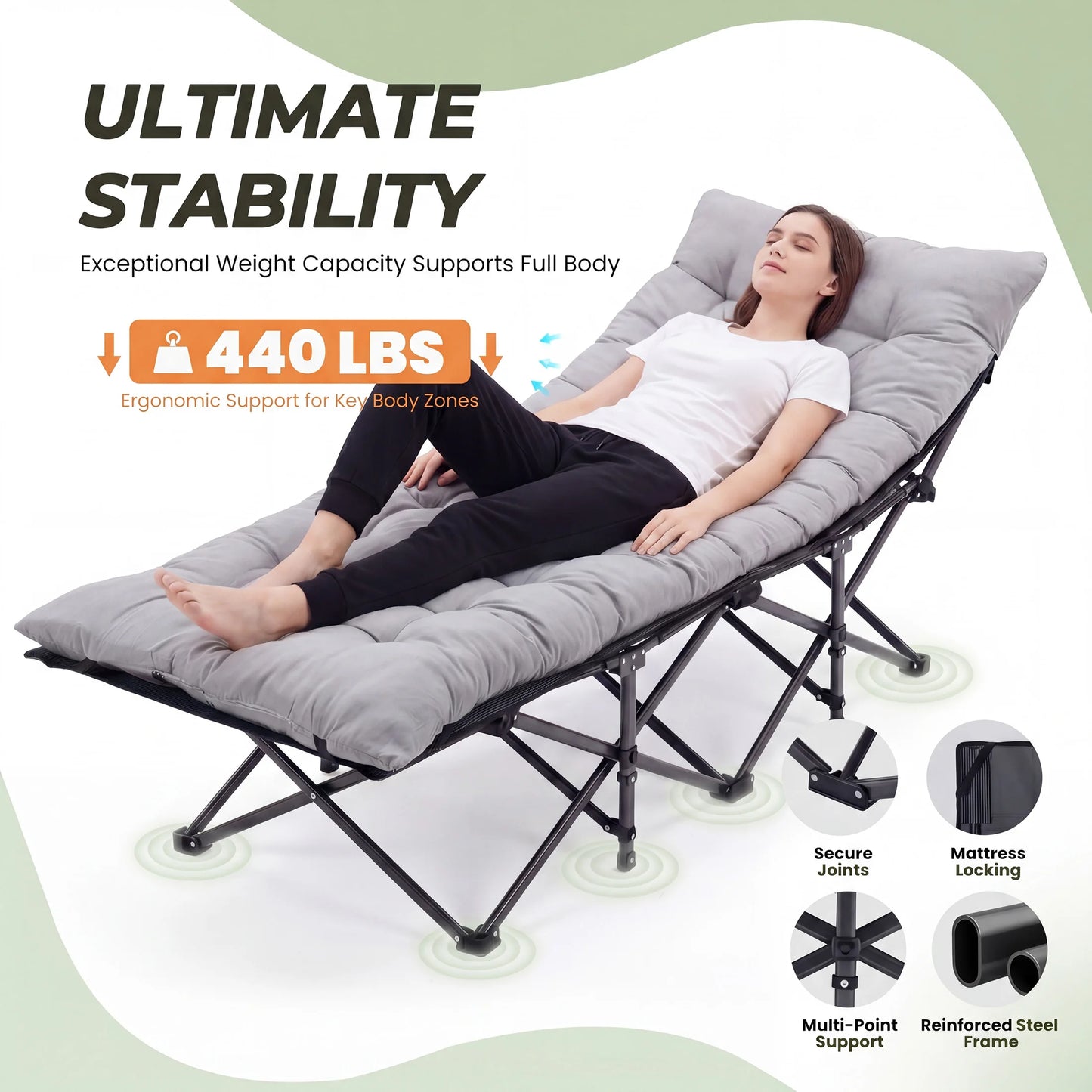 JHK Folding Camping Bed Lounge Chair With Storage Cushion