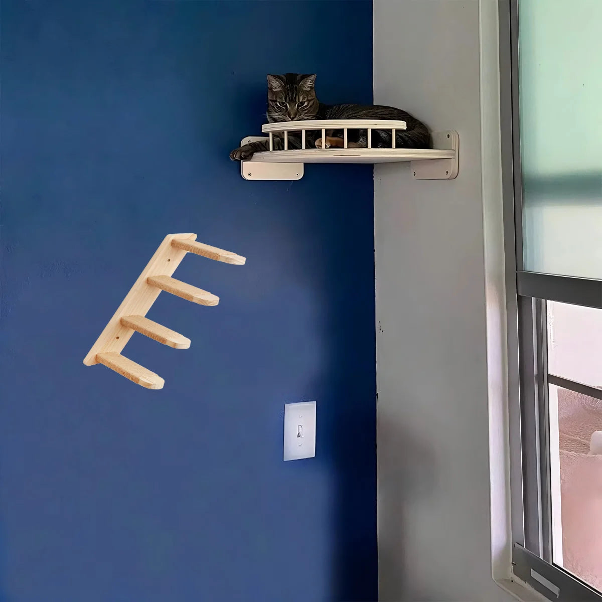 CWV Corner Cat Hammock With Steps Wall Mounted Cat Tree Indoor Pine Wood