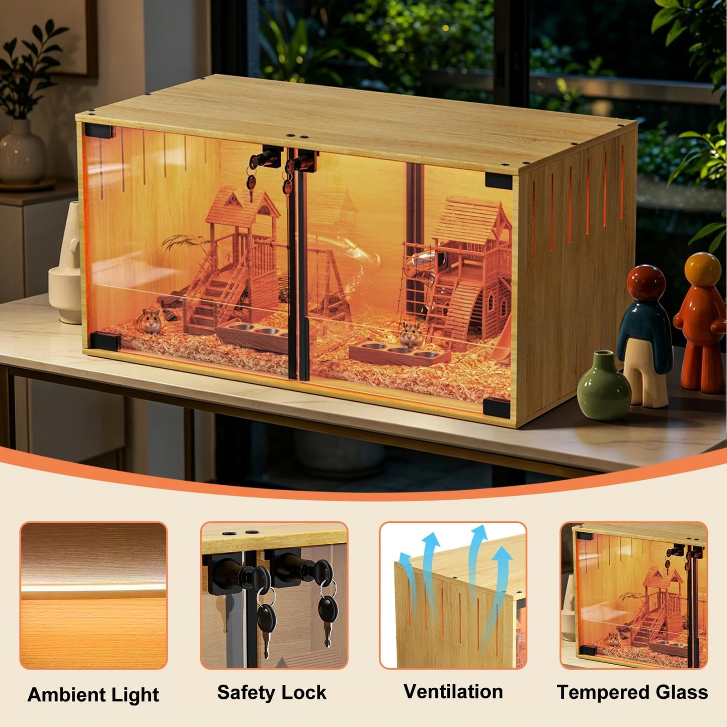 Wooden Small Animal Cage With Removable Divider And Tempered Glass Panels